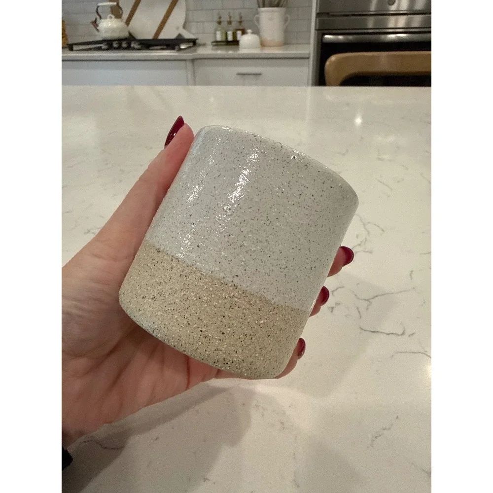 Two-Tone Speckled Ceramic Stoneware Crock Small Utensil Holder Cream and Tan